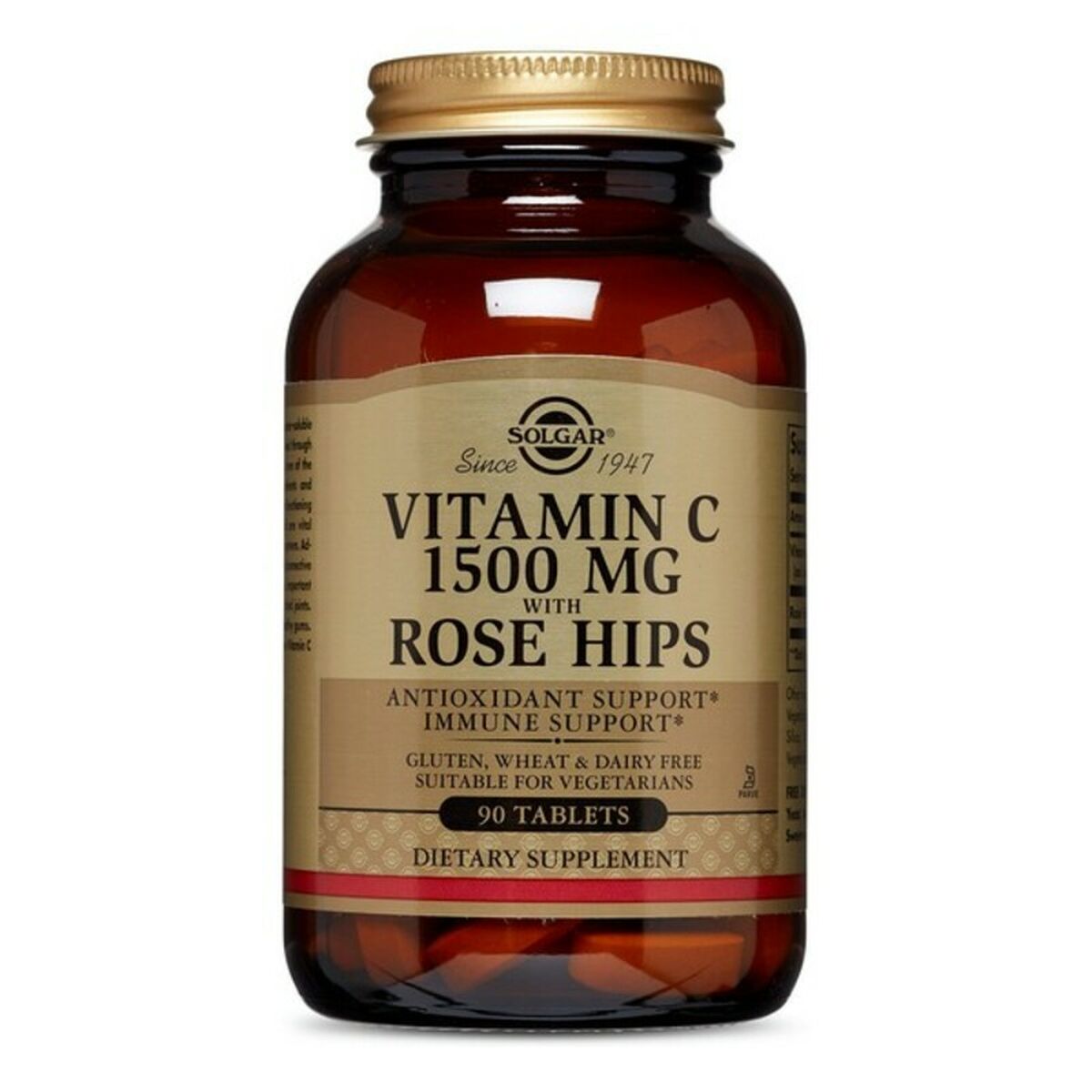 Botella de Cápsulas Solgar Rose Hips C 1500mg, 90 tabletas veganas, suplemento de vitamina C.