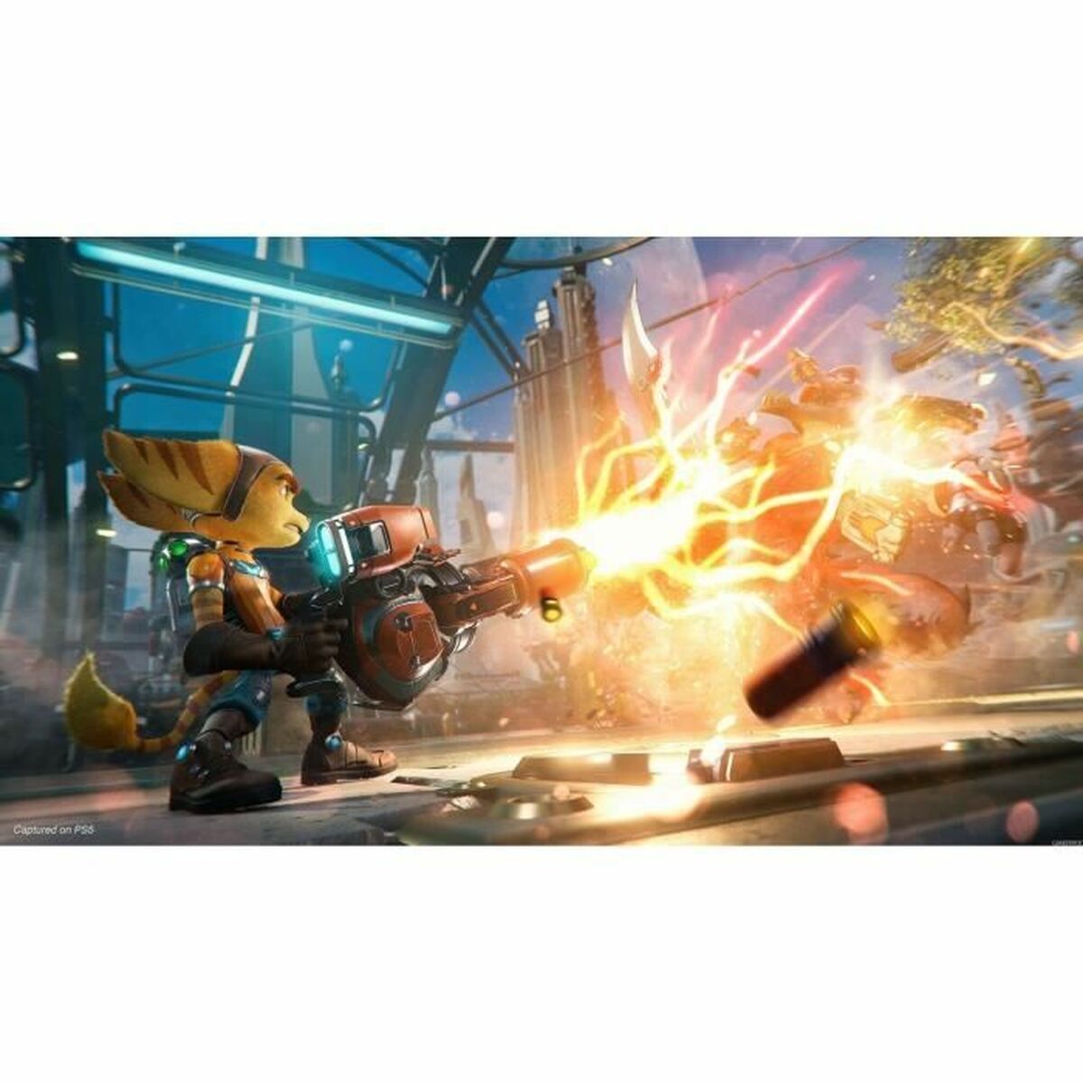 Ratchet and Clank Rift Apart PS5 gameplay action scene with Ratchet firing a weapon.