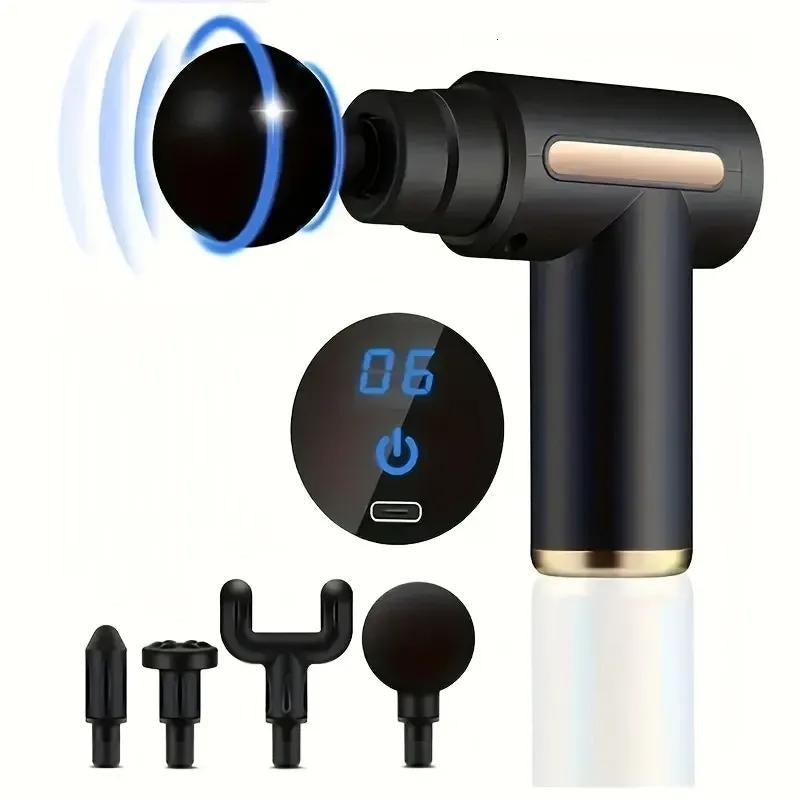 Portable Deep Tissue Massager - USB Rechargeable Fascia Gun, Muscle Massage Gun with 4 Massage Heads, 6 Speed Mode Adjustment, Silent Motor, for Muscle Relief and Sports Recovery, for Back and Neck Relaxation Full Body Massage