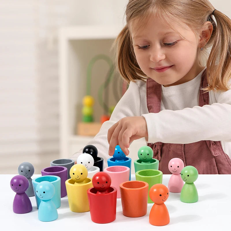 Montessori Color Sorting Toys Color Matching Sensory Game Wooden Peg Dolls in Cups Early Education Learning Toys for Toddler 3+