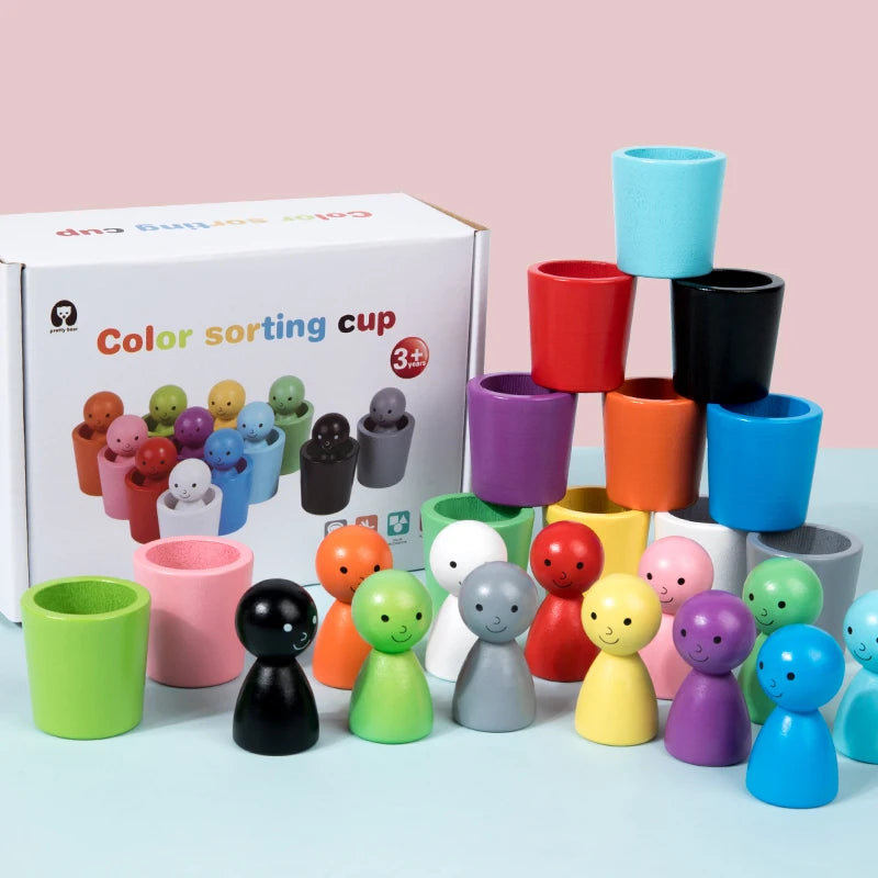 Montessori Color Sorting Toys Color Matching Sensory Game Wooden Peg Dolls in Cups Early Education Learning Toys for Toddler 3+
