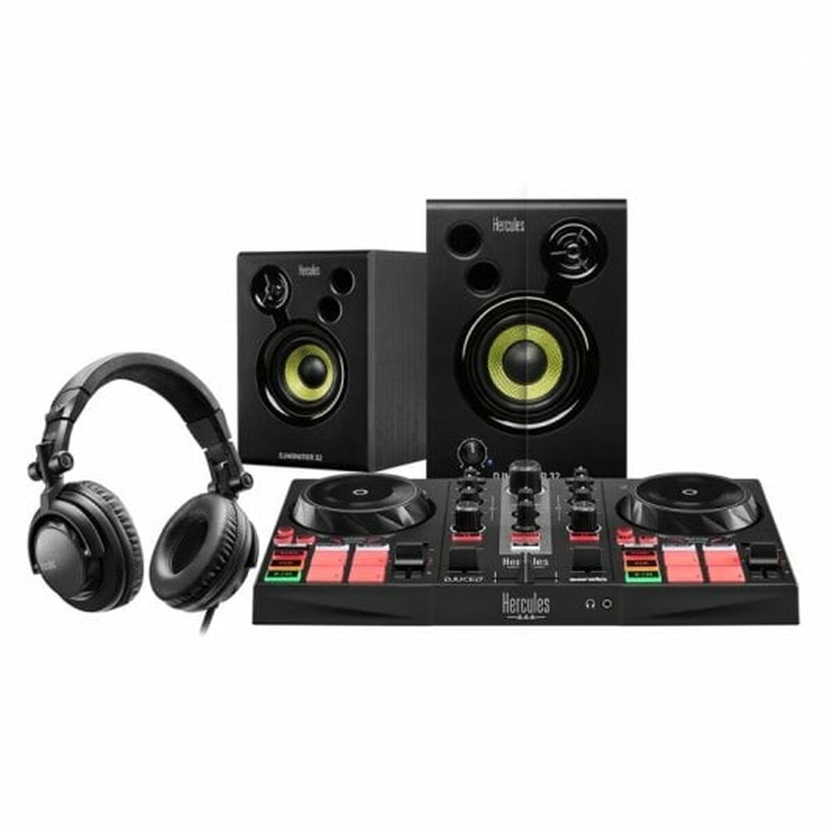 Controladora DJ Hercules MK2 con altavoces y aur headphones, ideal para iniciarse en el DJing.