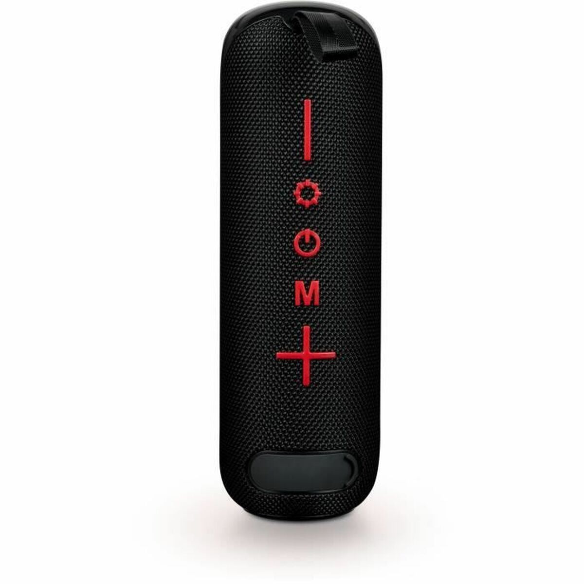 Altavoz portátil Bluetooth Bigben en color negro con botones de control en rojo.