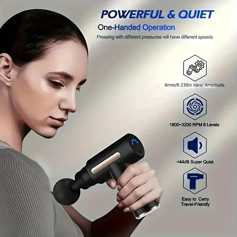 Portable Deep Tissue Massager - USB Rechargeable Fascia Gun, Muscle Massage Gun with 4 Massage Heads, 6 Speed Mode Adjustment, Silent Motor, for Muscle Relief and Sports Recovery, for Back and Neck Relaxation Full Body Massage