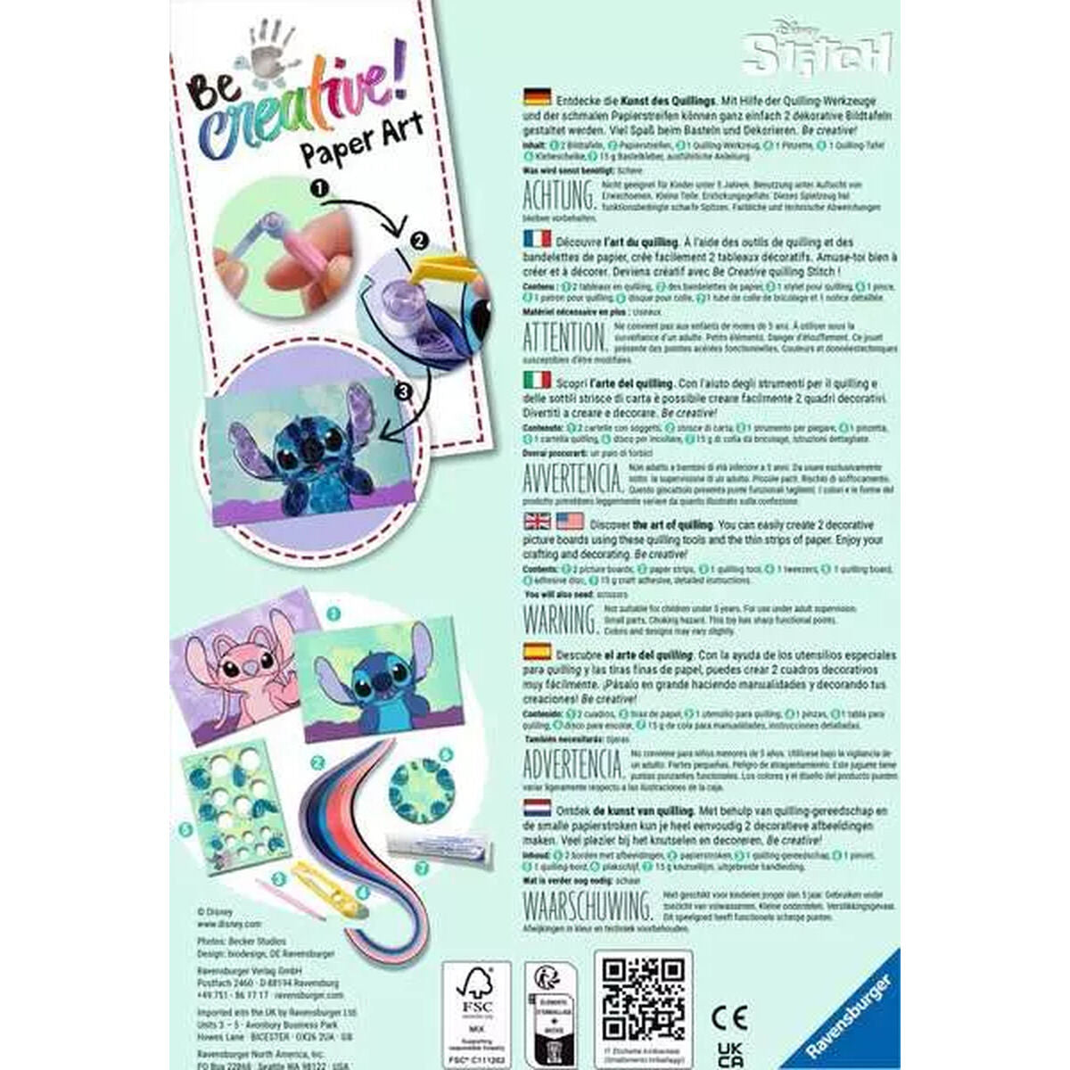 Ravensburger Paper Art Stitch crafts instructions and safety warnings for kids' creative activities.