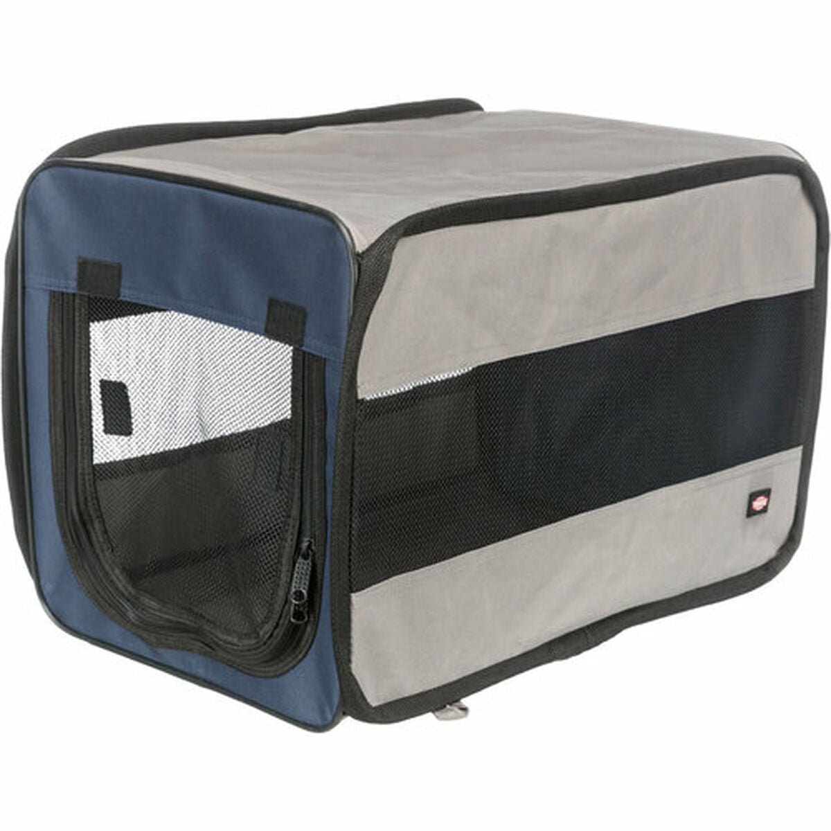Portátil caseta para perros Trixie en color azul y gris, fácil de limpiar y con asa de transporte.