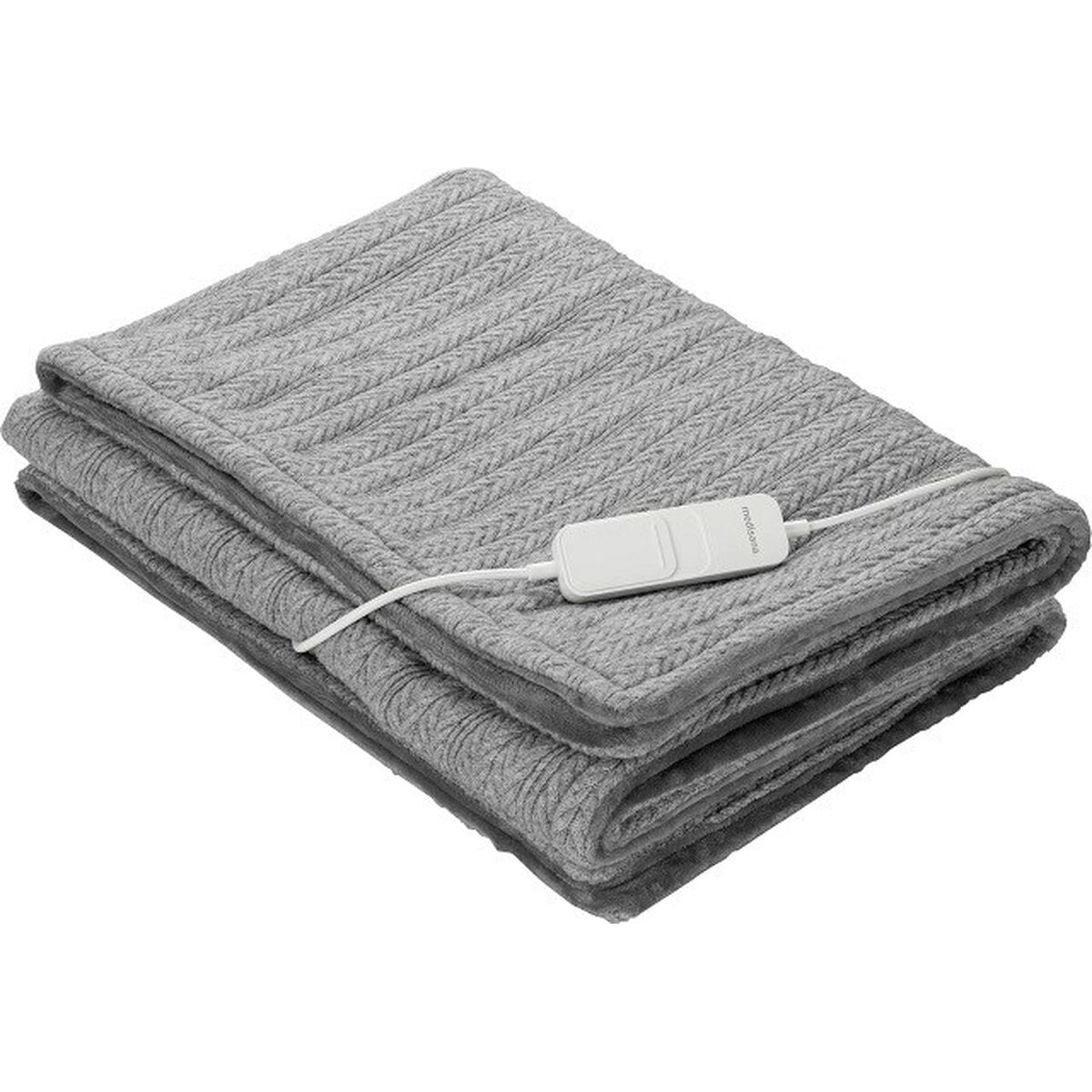 Manta eléctrica Medisana gris plegada, con control de temperatura, ideal para calidez en el hogar.