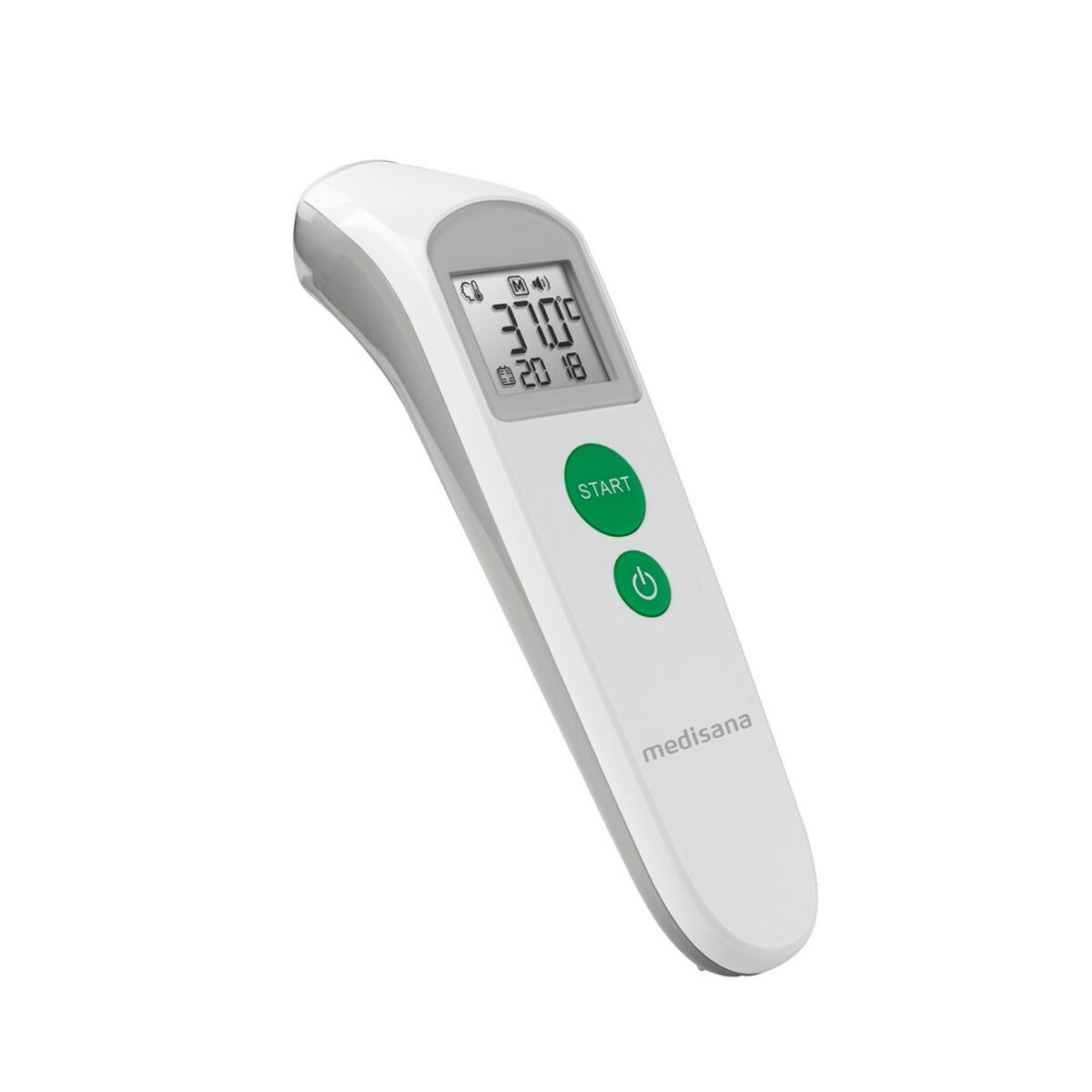 Termómetro Medisana digital con pantalla LCD, botones de control y diseño ergonómico en color blanco.