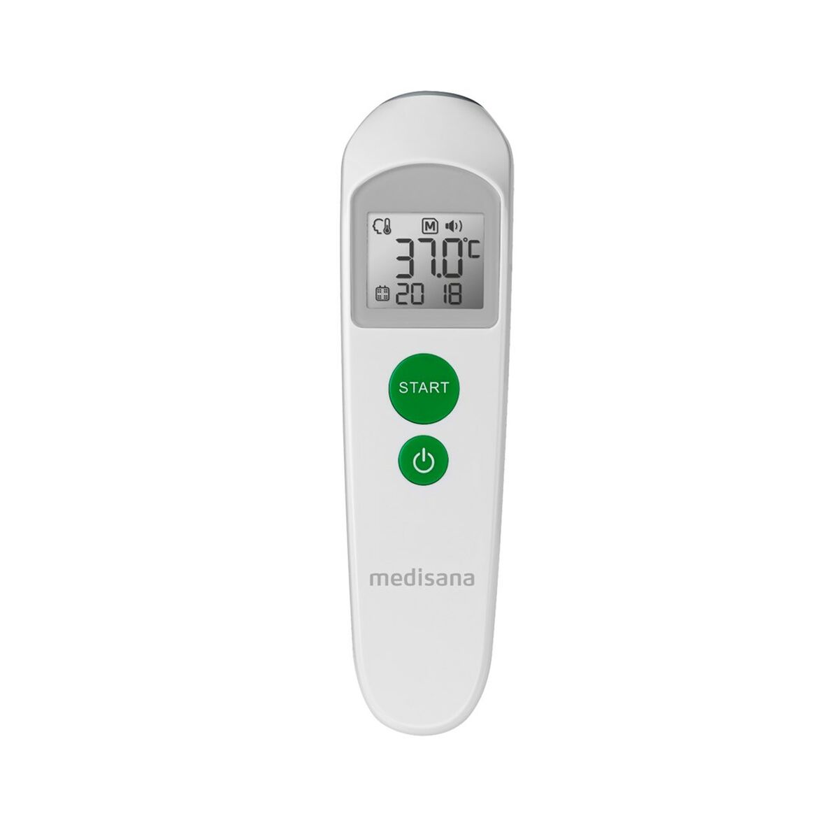 Termómetro Medisana digital con pantalla LCD y controles de botones, color blanco, para mediciones de temperatura.