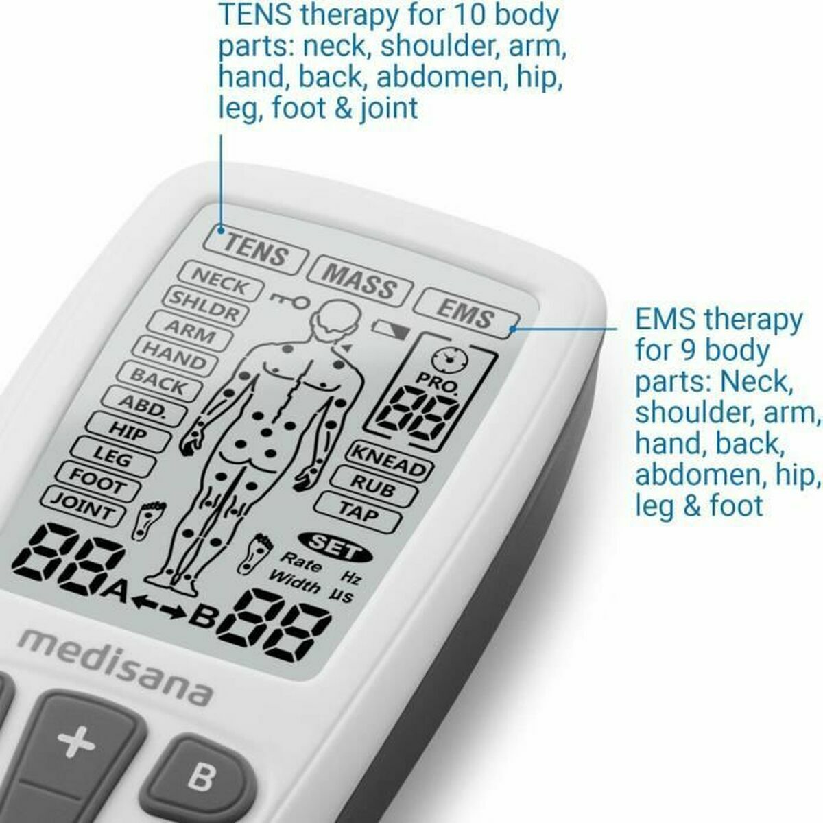 Electroestimulador muscular Medisana con pantalla que muestra opciones de terapia TENS y EMS para diferentes partes del cuerpo.