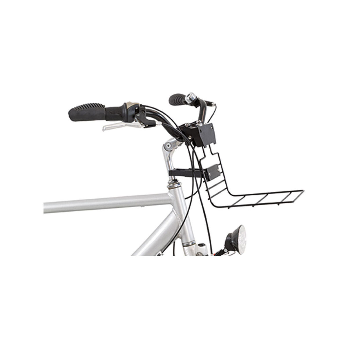 Soporte cesta bicicleta negro instalado en el manillar de una bicicleta, ideal para llevar tus pertenencias.