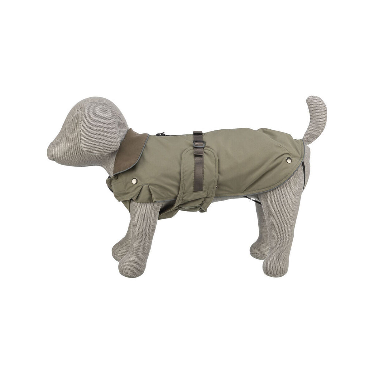 Abrigo para perro melocotón oliva Trixie Hermy en color oliva sobre modelo de perro