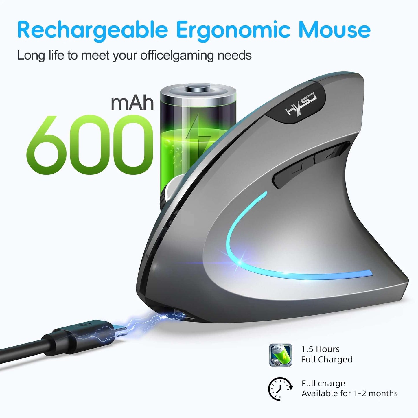 Hot Choice Ergonomic Optical Mouse ABS 2400DPI Adjustable Rechargeable 600Ma Vertical Mouse for Office and Mac