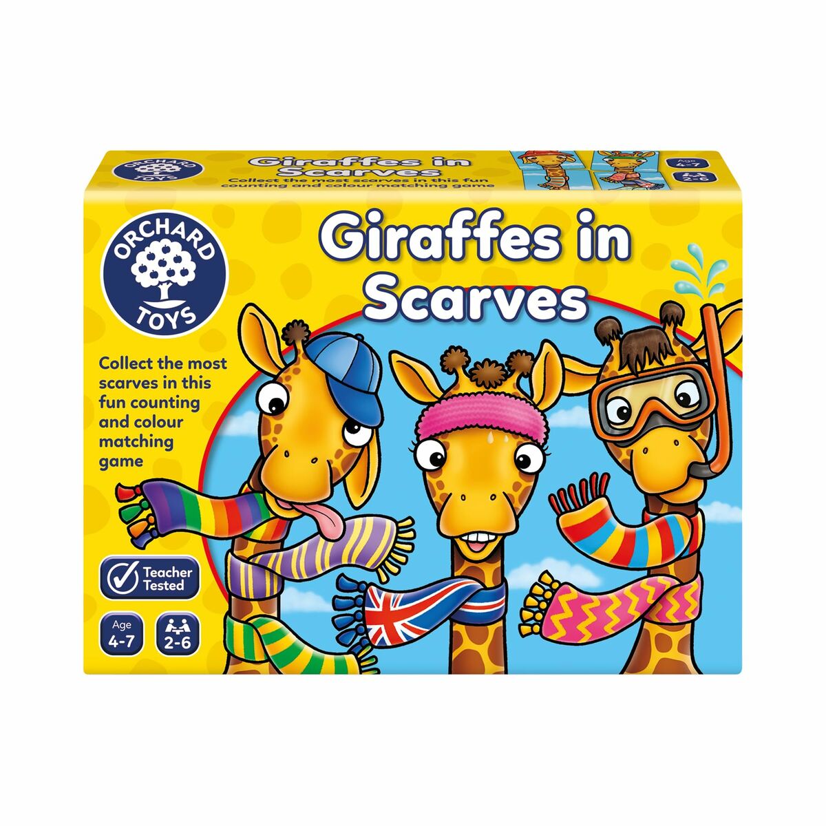 Juego educativo Orchard Giraffes in scarves para coleccionar bufandas, ideal para niños de 4 a 7 años.
