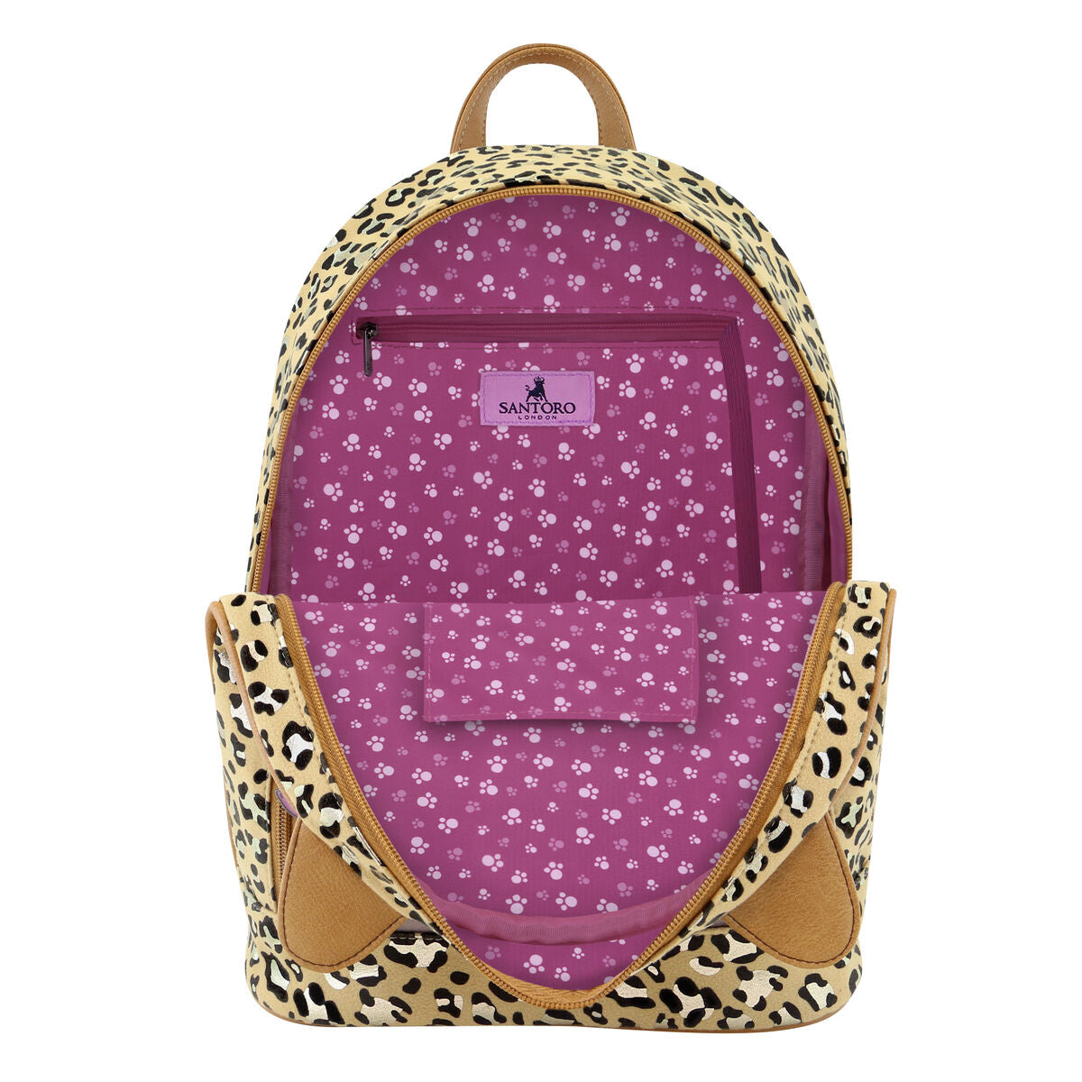 Interior de la mochila leopardo para niños con compartimentos y diseño elegante.