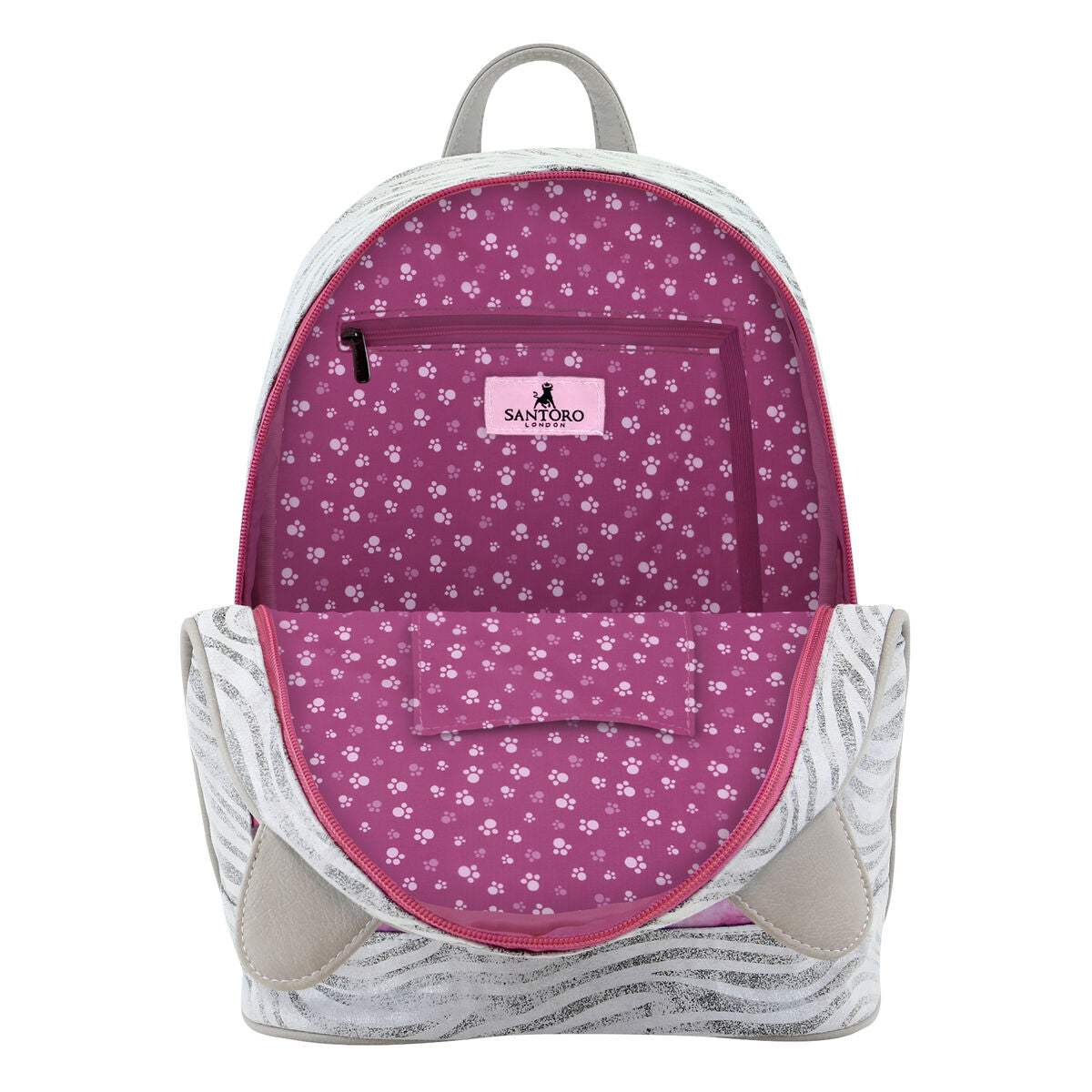 Interior de la Mochila Gorjuss para niños Gris con diseño floral y compartimentos organizadores.