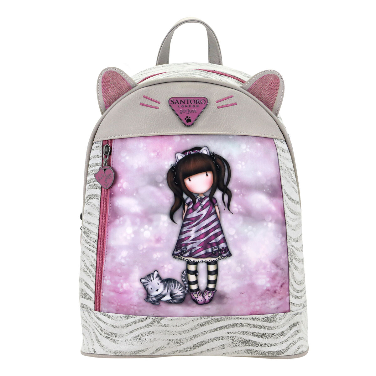 Mochila Gorjuss para niños Gris con diseño de figura y gato, ideal para niños, 25,5 x 31 x 10 cm.