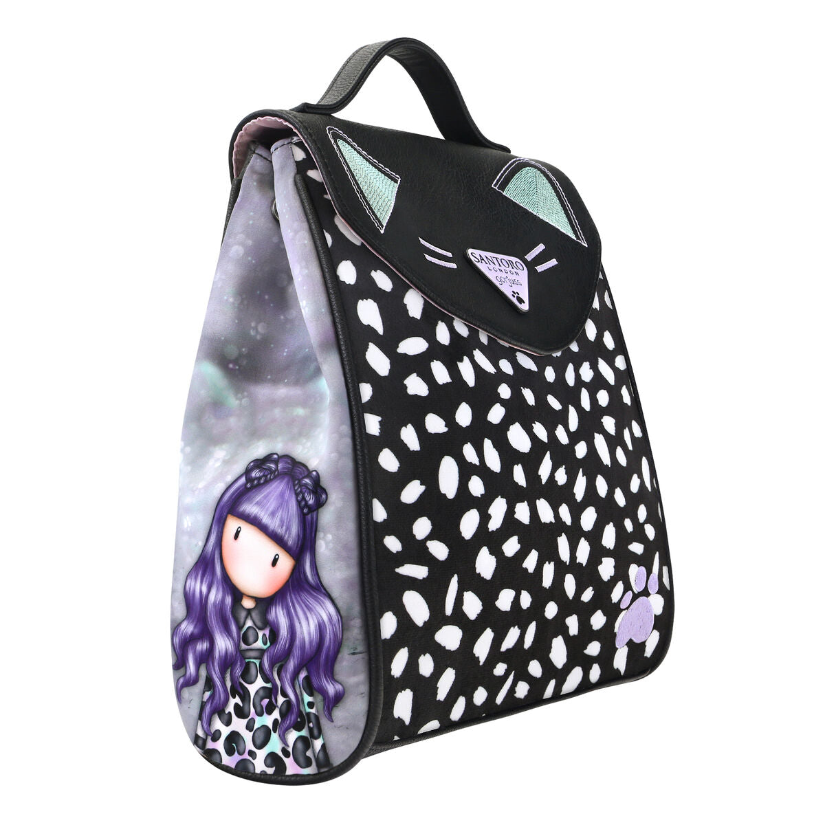 Mochila Casual Gorjuss Smitten Kitten en negro y blanco con diseño de gatito y niña.