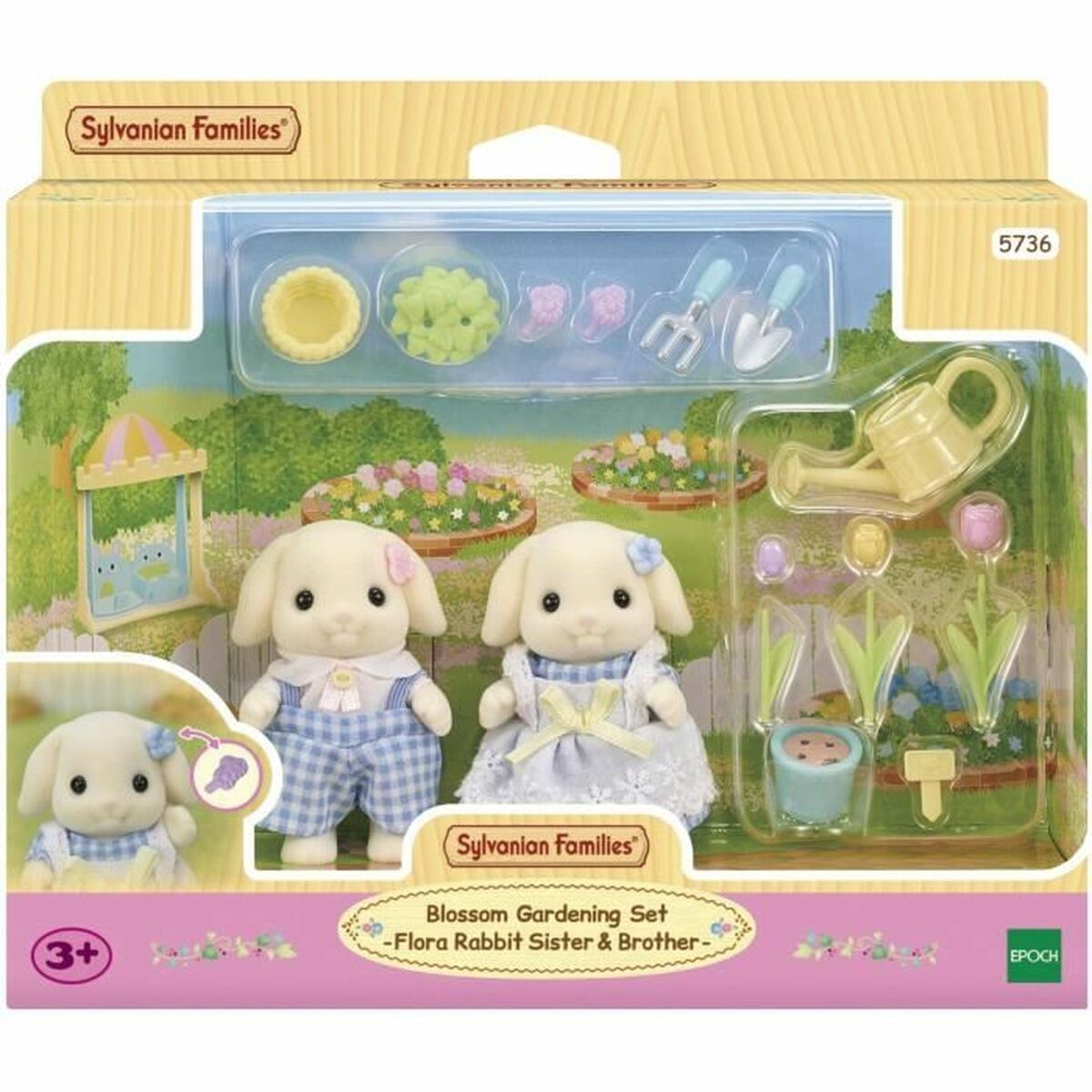 Accesorios para casa de Muñecas Sylvanian Families 5736 Blossom gardening set con Flora Rabbit y herramientas de jardinería.