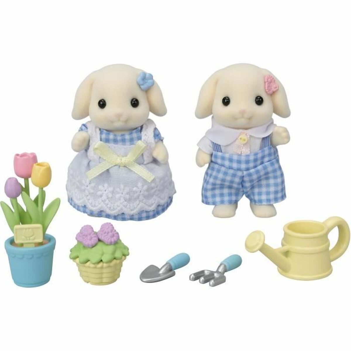 Set de accesorios para muñecas Sylvanian Families con conejitos de jardín y herramientas, ideal para juegos creativos.