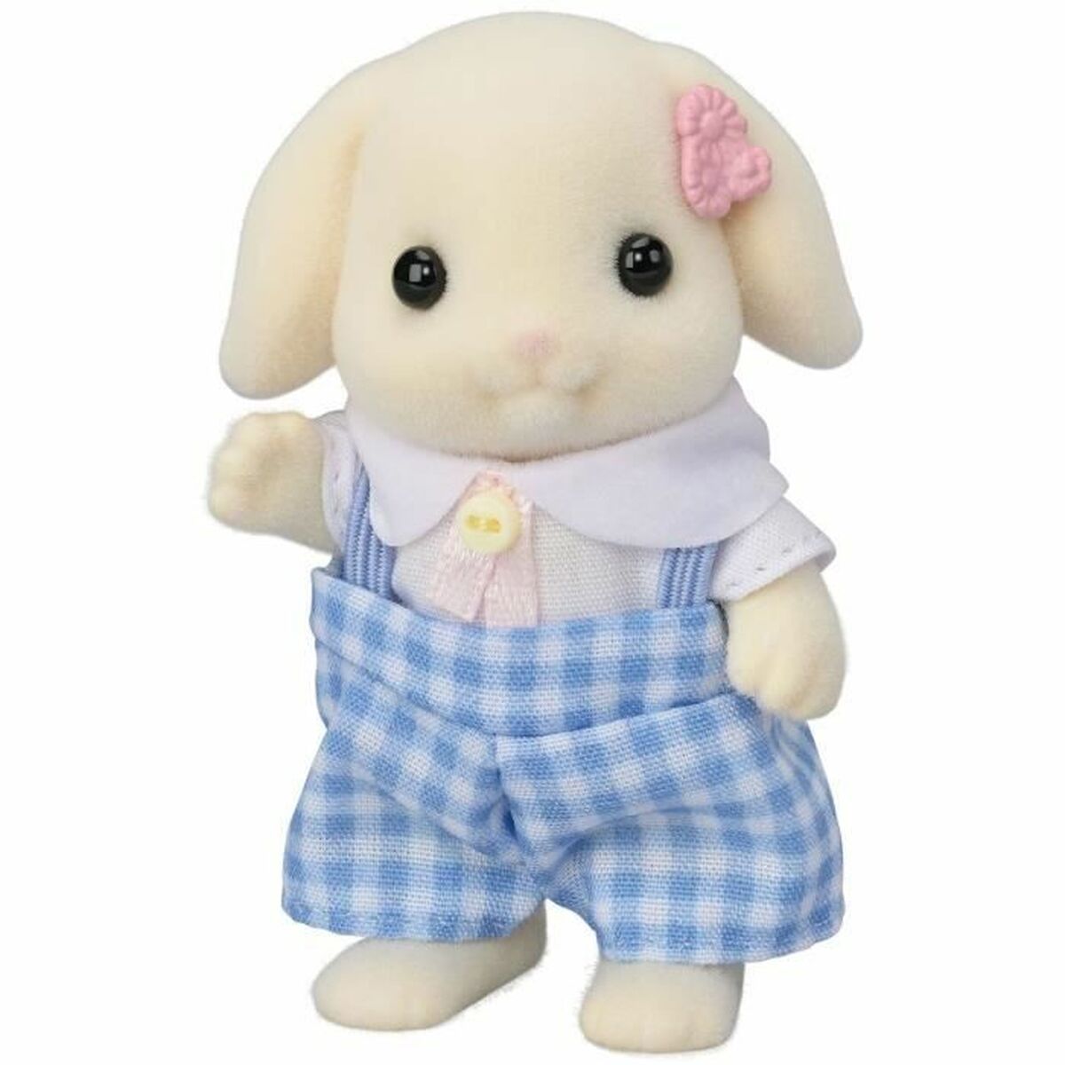 Muñeca de peluche con orejas de conejo, en overoles de cuadros azul, parte de accesorios para muñecas Sylvanian Families.