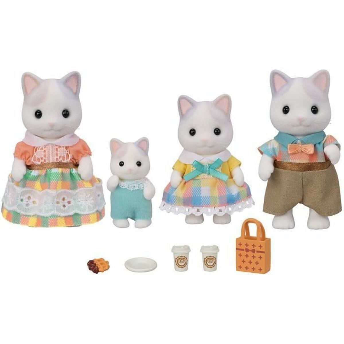 Accesorios casa muñecas Sylvanian Families 5738 Latte Cat Family con figuras y accesorios para juego infantil.