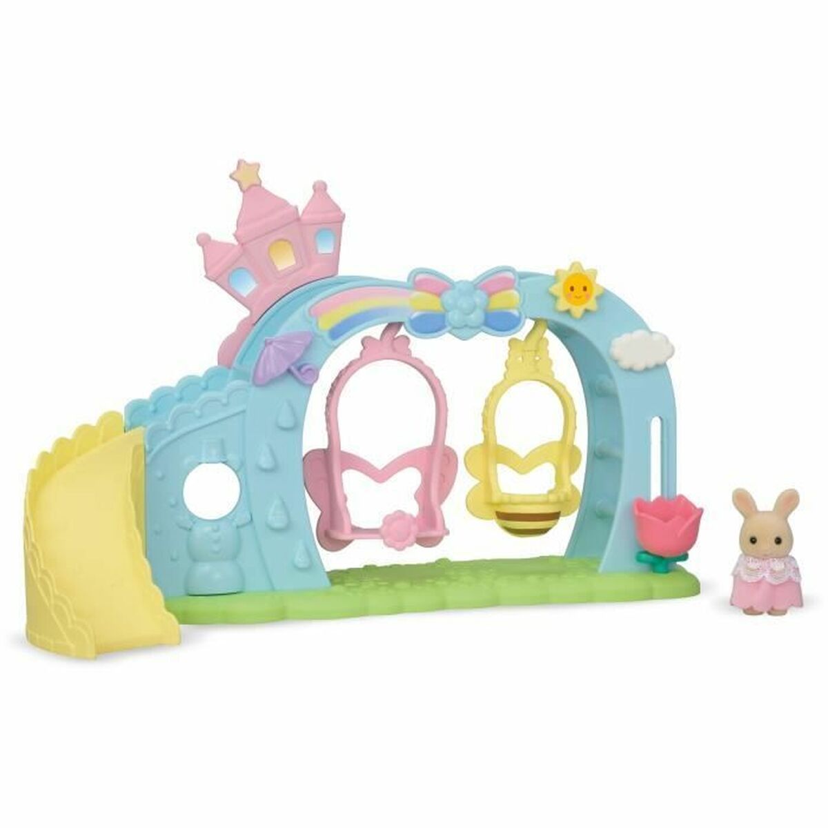 Accesorios para casa de Muñecas Sylvanian Families 5745 Nursery Swing con un castillo y dos columpios.
