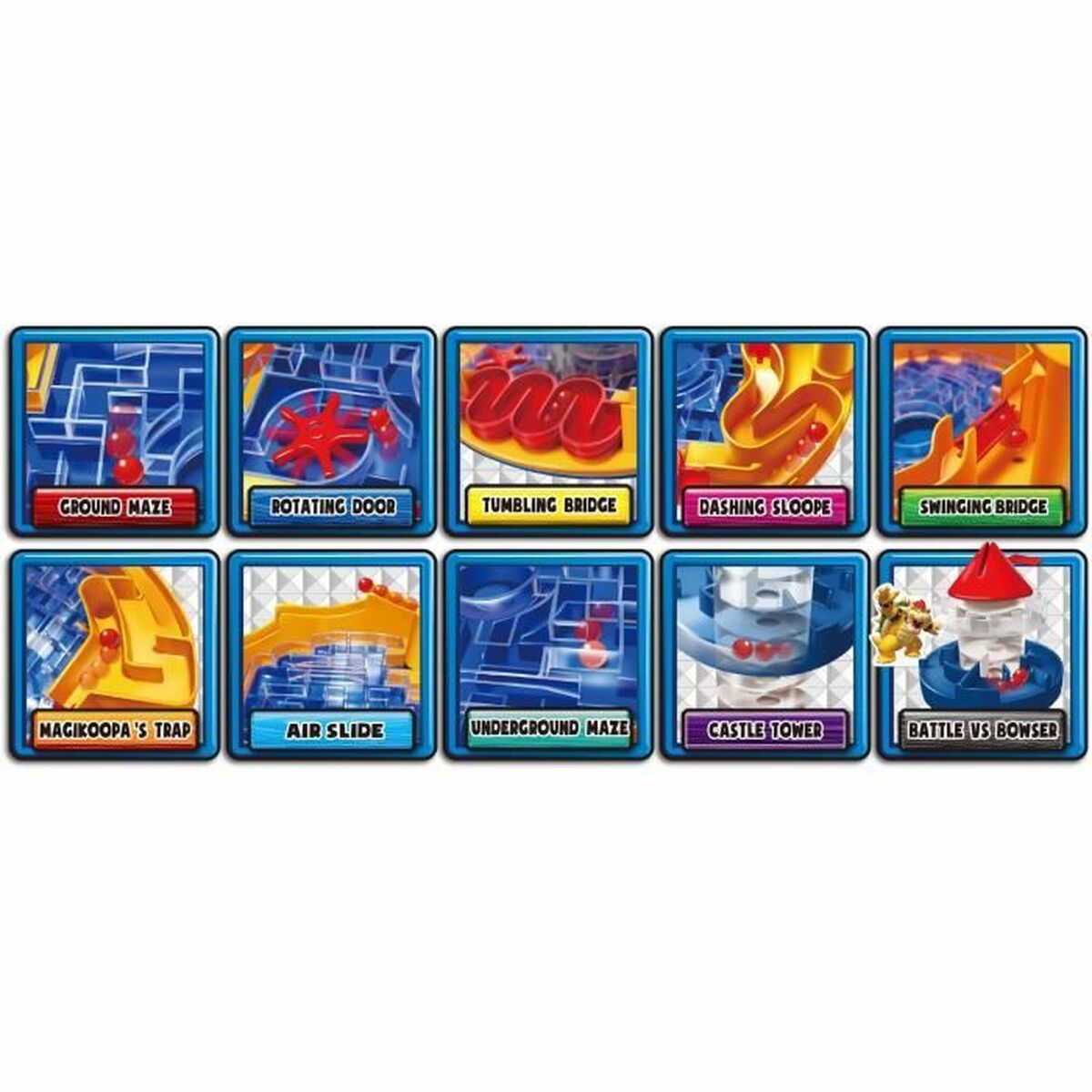 Juego de mesa Super Mario para niños con diferentes niveles y desafíos, como puentes y trampas, en colorido diseño.