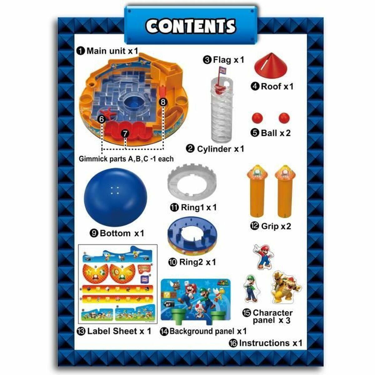Contenido del juego de mesa Super Mario para niños, incluyendo todas las piezas y accesorios necesarios.