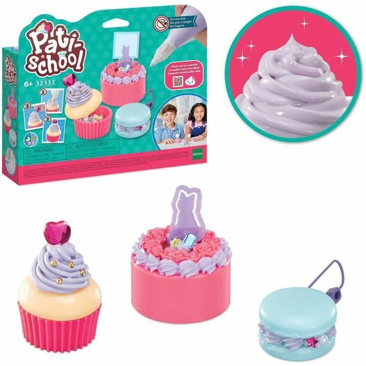 Juego de Manualidades EPOCH D'ENFANCE Pati School Cakes, incluye cupcakes y macarons de colores para niños.