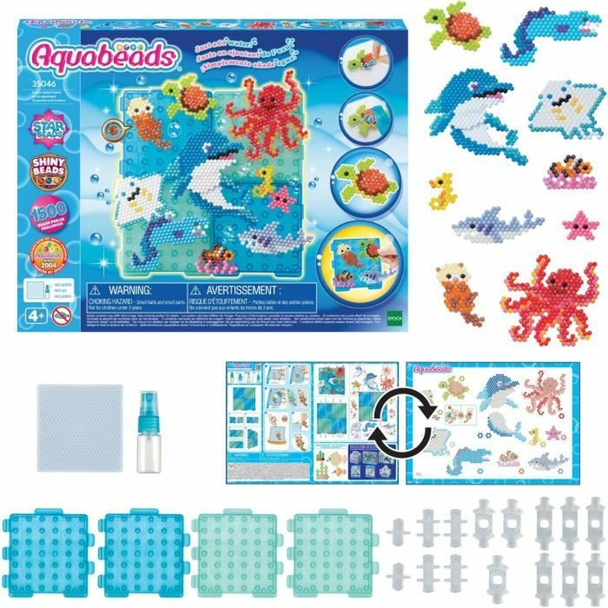 Mosaico Aquabeads multicolor infantil, kit de manualidades para niños con múltiples colores y figuras marinas.