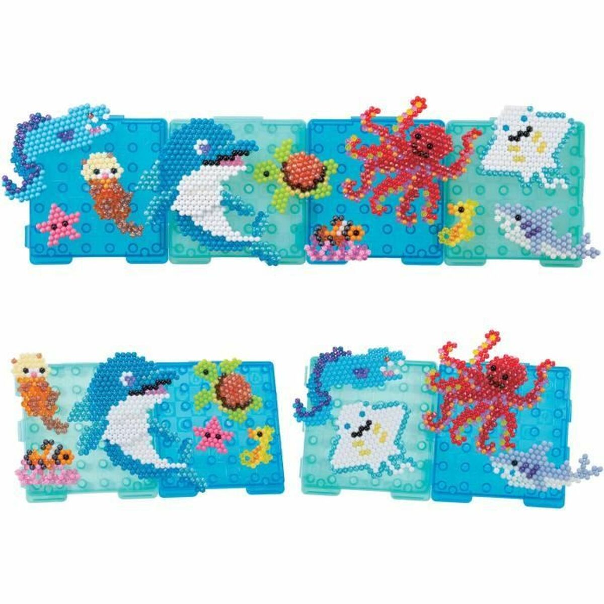 Mosaico Aquabeads multicolor infantil con creativas formas marinas y personajes divertidos.