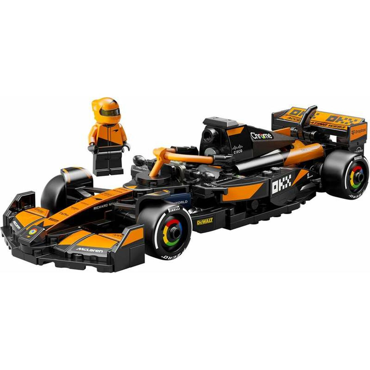 Juego de Construcción Lego con coche de carreras y figura de piloto en colores naranja y negro.