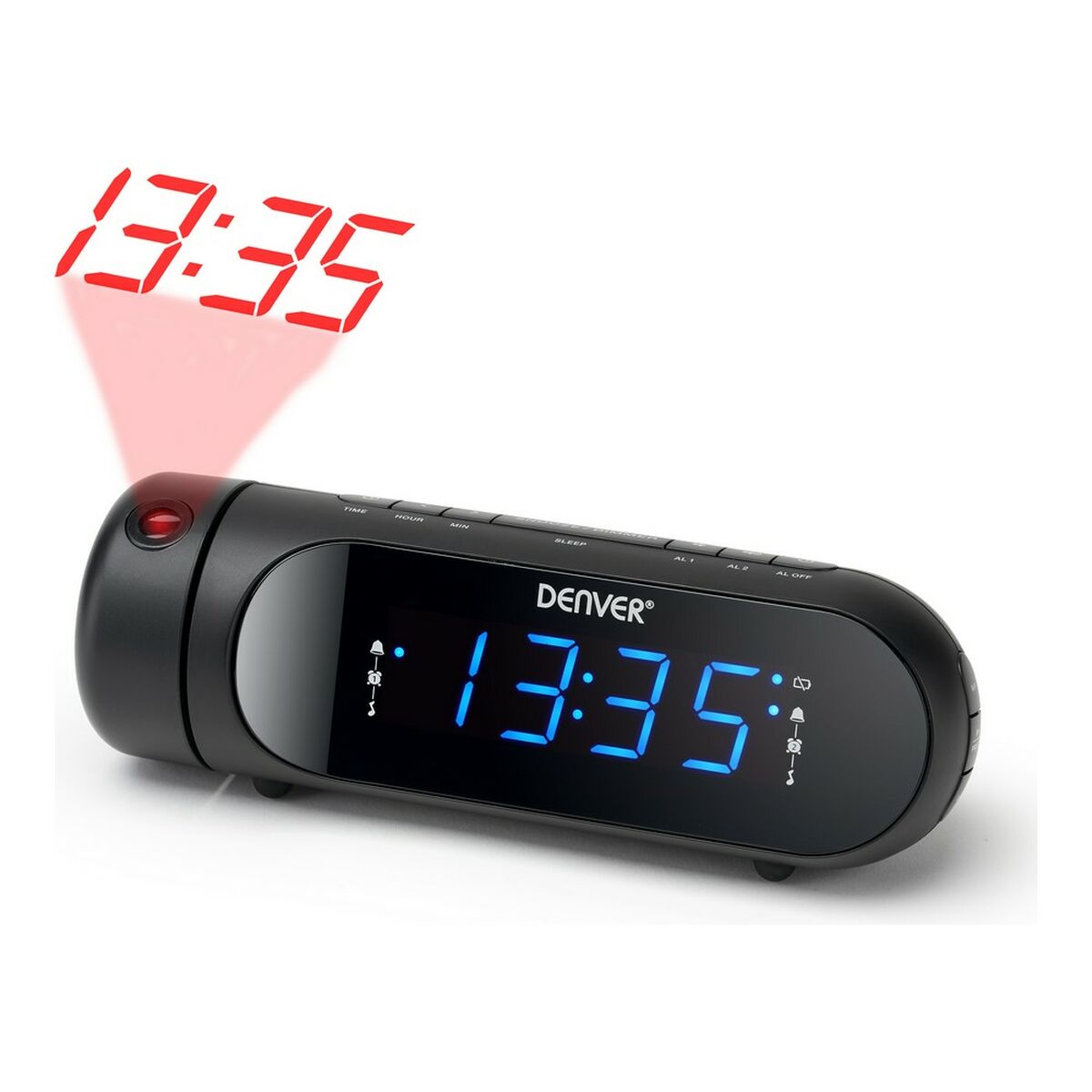 Radio Despertador FM Denver Electronics CPR-700 Negro mostrando la hora 13:35 en su pantalla iluminada.