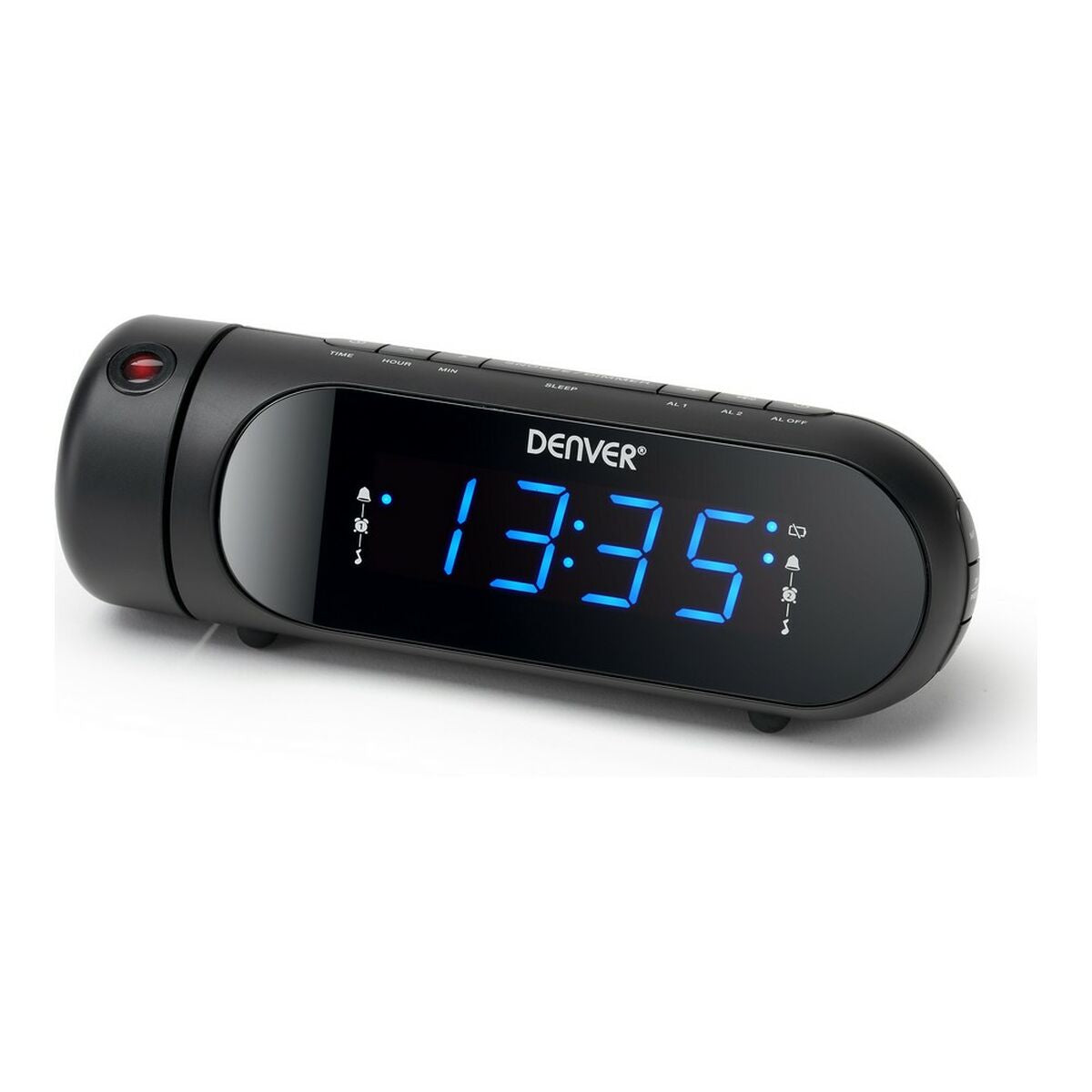 Radio Despertador FM Denver Electronics CPR-700 Negro con pantalla digital y botones de control.