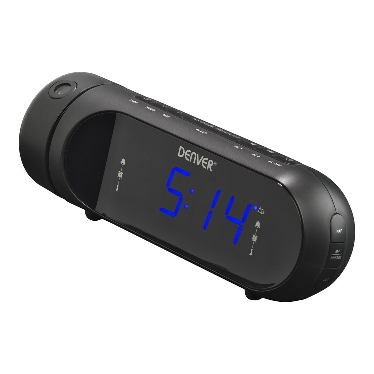 Radio Despertador FM Denver Electronics CPR-700 Negro con pantalla digital mostrando la hora 5:14.