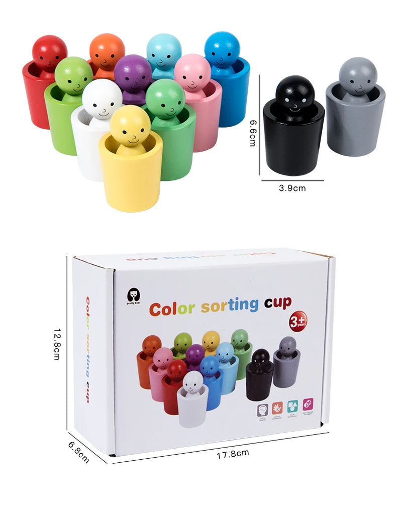 Montessori Color Sorting Toys Color Matching Sensory Game Wooden Peg Dolls in Cups Early Education Learning Toys for Toddler 3+