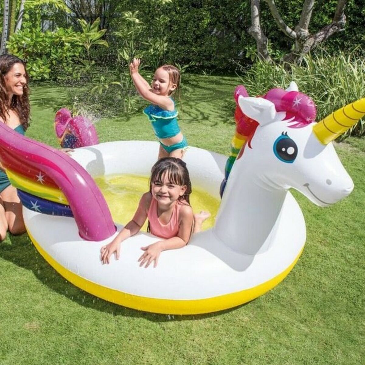 inflatable swimming pool for kids with unicorn design, perfect for summer fun in the garden.