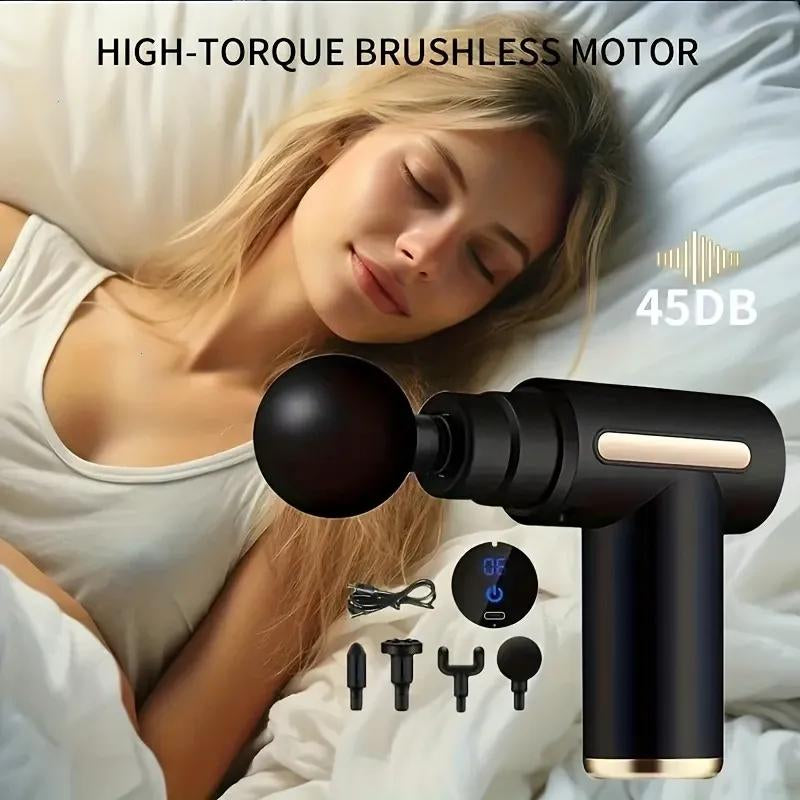 Portable Deep Tissue Massager - USB Rechargeable Fascia Gun, Muscle Massage Gun with 4 Massage Heads, 6 Speed Mode Adjustment, Silent Motor, for Muscle Relief and Sports Recovery, for Back and Neck Relaxation Full Body Massage