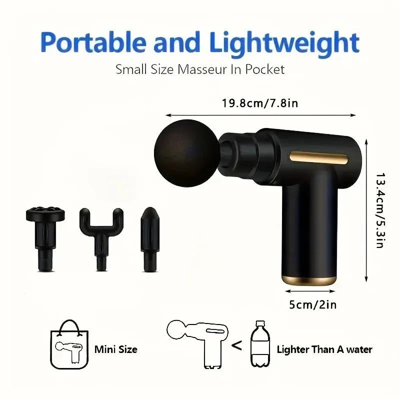 Portable Deep Tissue Massager - USB Rechargeable Fascia Gun, Muscle Massage Gun with 4 Massage Heads, 6 Speed Mode Adjustment, Silent Motor, for Muscle Relief and Sports Recovery, for Back and Neck Relaxation Full Body Massage