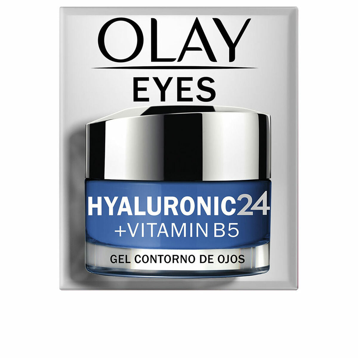 Gel contorno ojos Olay hyaluronic 24 de 15 ml con vitamina B5 en envase azul y tapa plateada.