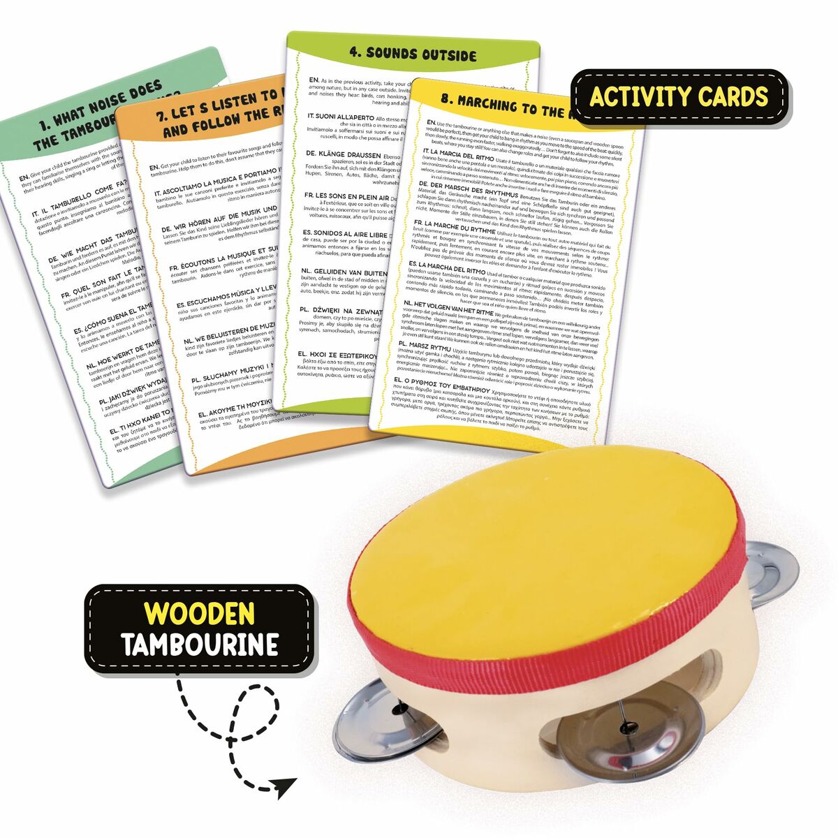 Juego educativo Montessori para niños con pandereta de madera y tarjetas de actividad para aprender jugando.