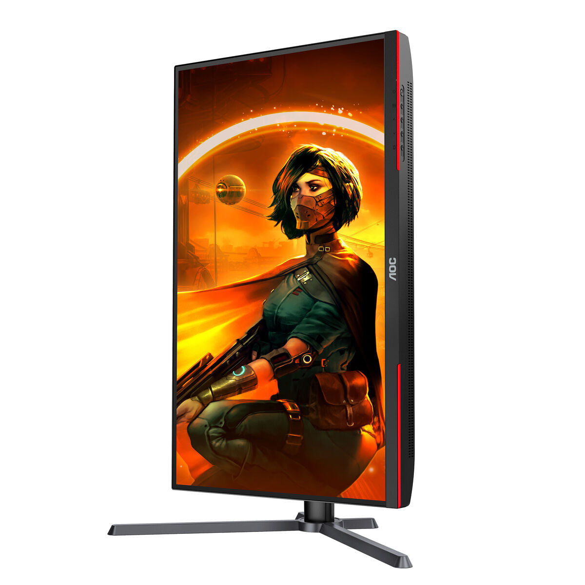 AOC 27 inch 2K gaming monitor 180Hz showcasing vibrant graphics with a female character in a sci-fi setting.