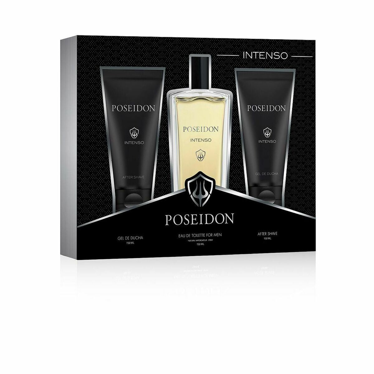 Set de perfume masculino Poseidon Intenso 3 piezas: gel de ducha, loción aftershave y eau de toilette.
