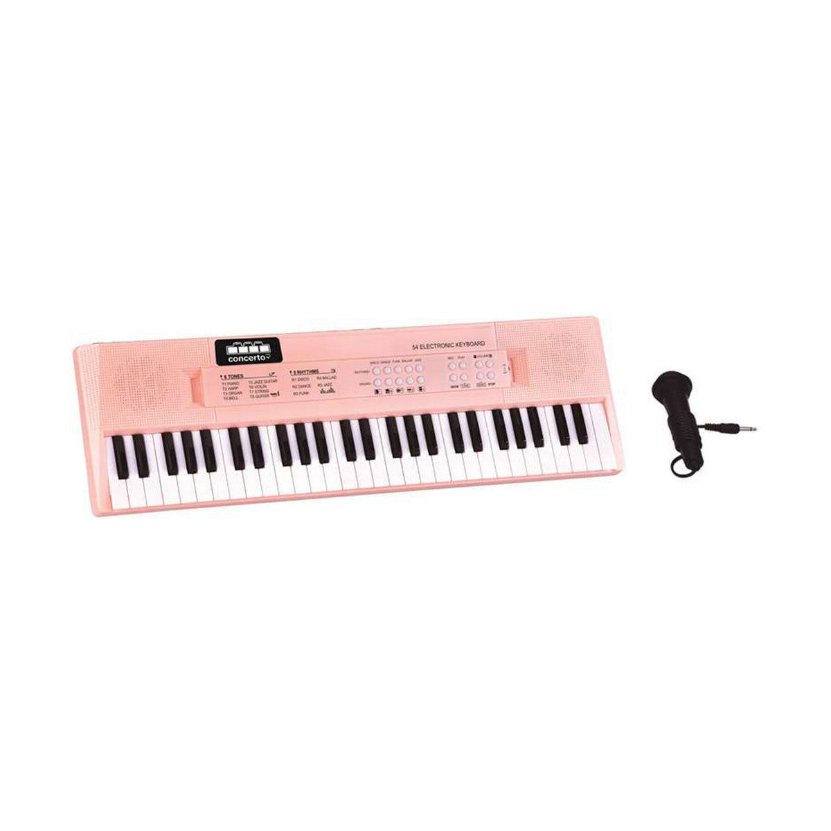 Piano educativo para niños con micrófono color rosa, teclado electrónico con funciones de sonido y luces.