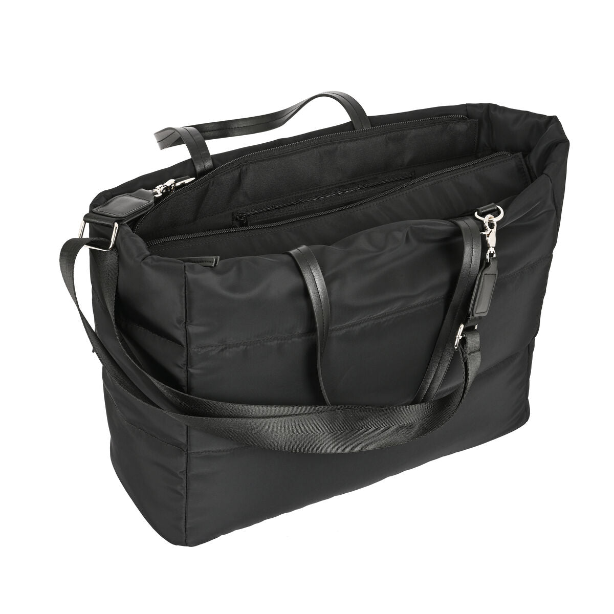 Bolso acolchado negro para niños con cintas ajustables y múltiples compartimentos y cierre de cremallera.