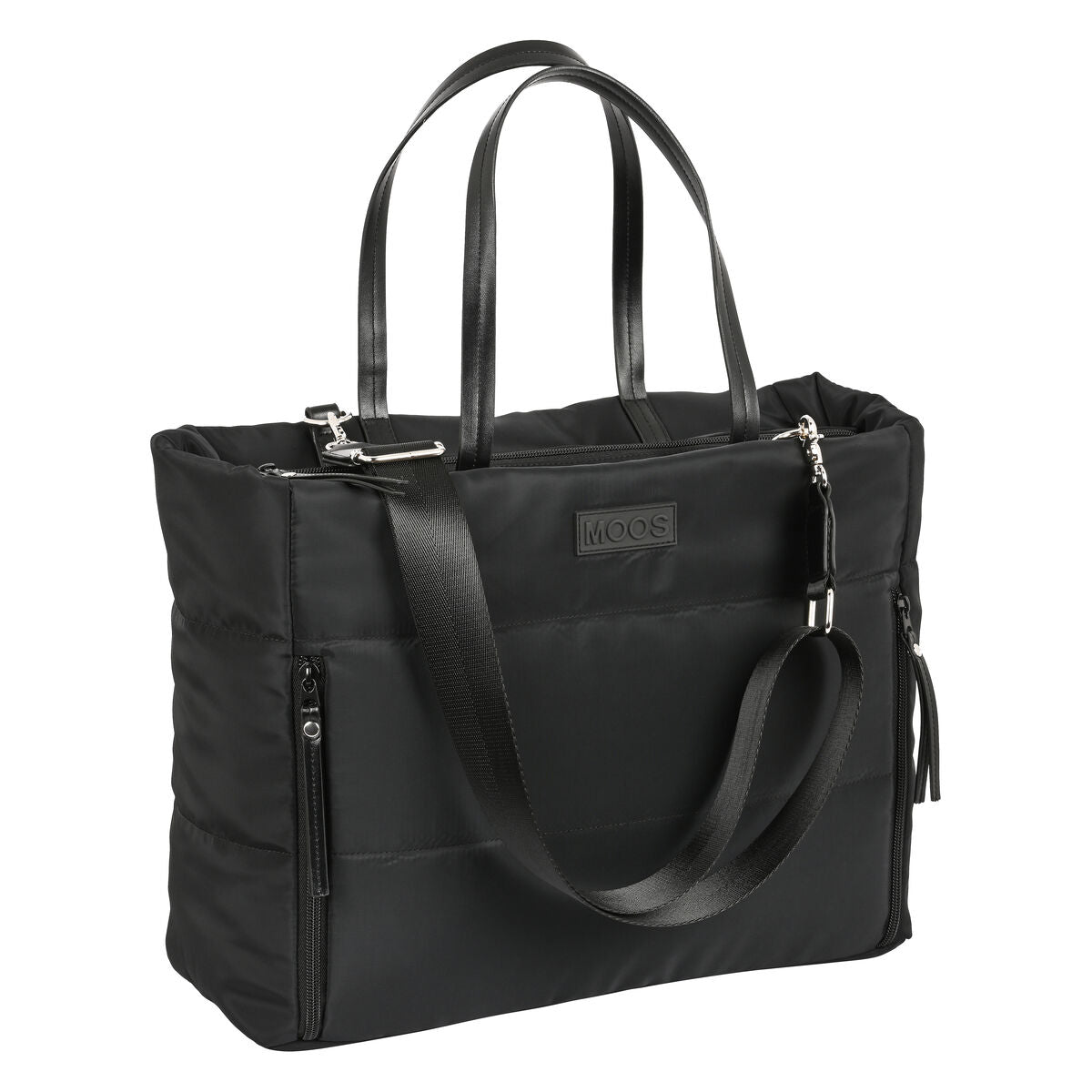 Bolso acolchado negro para niños, Moos, con asas y cierre de cremallera, tamaño 54 x 31 x 17 cm.