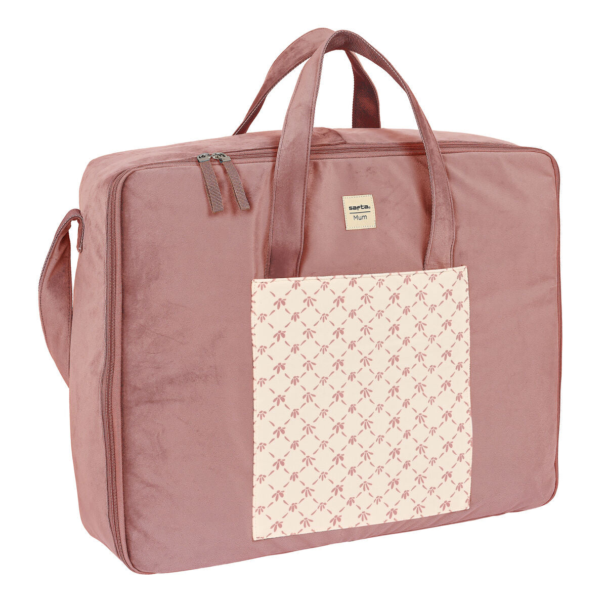 Maleta rosa terciopelo para bebés con diseño elegante y asas de transporte a juego.