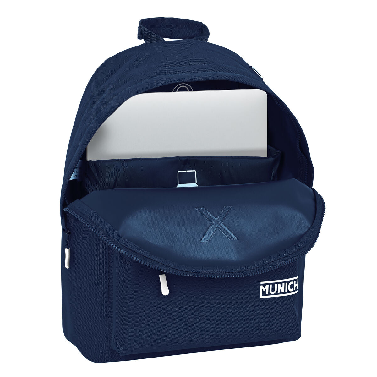 Mochila portátil niños azul marino con compartimento para portátil y cierre de cremallera, marca Munich.