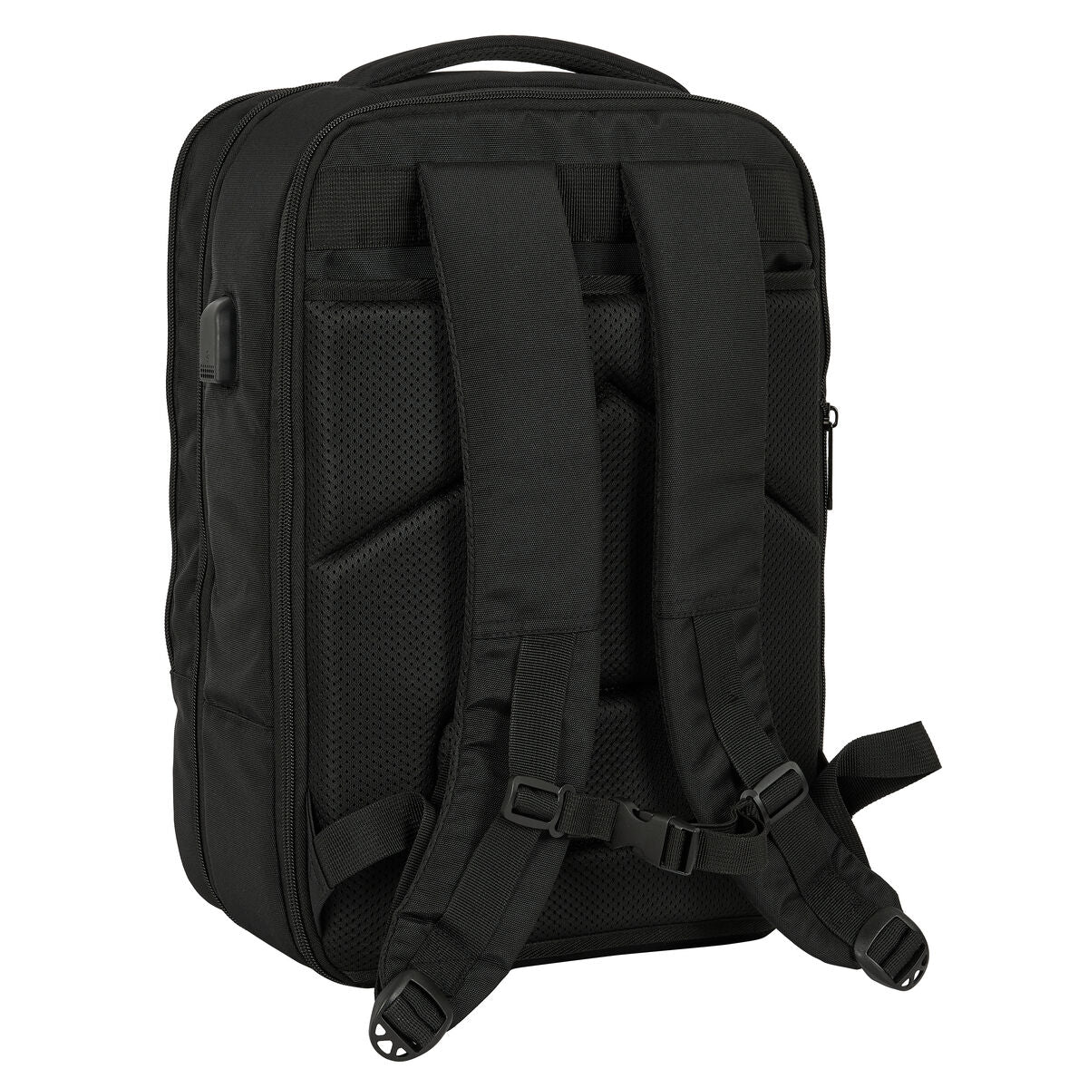 Mochila de viaje negra para portátil con correas ajustables y respaldo acolchado.